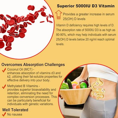 NEVISS - Vitamina D3 K2 Gomas Recheadas com Complexo de Vitamina B – Methyl B12, B9, B6 | Vitamina E | 5000UI D3 K2 (MK-7) 120mcg | Sem Açúcar