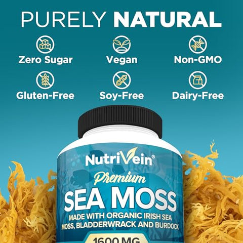 Sea Moss Orgânico 1600mg + Bladderwrack | Algas Marinhas | Saúde e Bem-Estar - Nutrivein