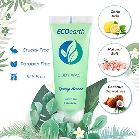 Travel Size Body Wash 1 fl oz (30 ml, 100 PK, Spring Breeze) – Hóspedes Encantados com um Sabonete Revitalizante e Refrescante para Hotéis – Mini e Pequeno Tamanho de Qualidade para Hóspedes - EcoEarth