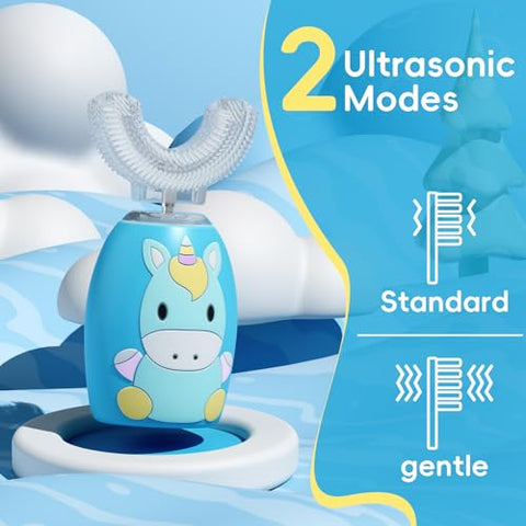 WKSHUNLI - Escova de Dentes Elétrica Infantil, U Shaped com 4 Cabeças de Escova, Ultrassônica Automática com 2 Modos para Idade de 2-12 Anos, Escova de Dentes Completa à Prova d’Água IPX7