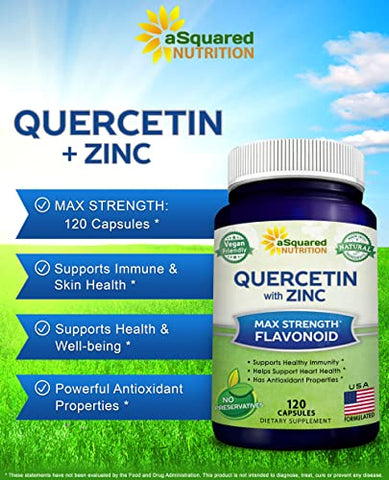 Quercetina 1000mg com Suplemento de Zinco – 120 Cápsulas – Quercetina Dihidratada com Sabugueiro Negro - aSquared Nutrition