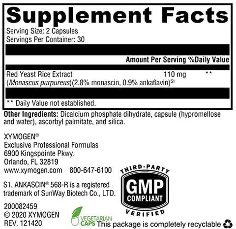 Red Yeast Rice – Suplemento de Arroz Vermelho Não-OGM para Manter Níveis Saudáveis de Colesterol Lipídico no Sangue – Suporte Cardiovascular – Livre de Citrinina Testada (60 cápsulas) - XYMOGEN