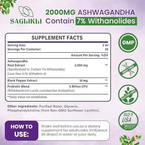Saglikli - Gotas Líquidas de Ashwagandha Lipossomal 2000mg, Extrato de Raiz de Ashwagandha (7%% Withanolides) com Extrato de Pimenta Preta