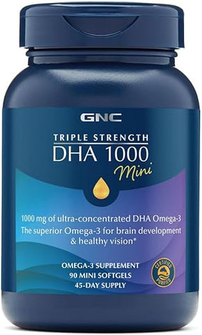Triple Strength DHA 1000 Mini – 90 Mini Softgels para Saúde das Articulações, Pele, Olhos e Coração - GNC