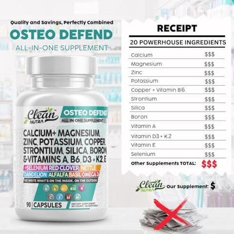 Clean Nutraceuticals - Suplemento de Cálcio Magnésio Zinco com Potássio, Cobre, Estrôncio, Sílica, Vitamina D3 K2, Boro, Vitamina B1 B12 Erva de Trevo Vermelho Alfafa Manjericão Cápsulas para Homens e Mulheres Limpo