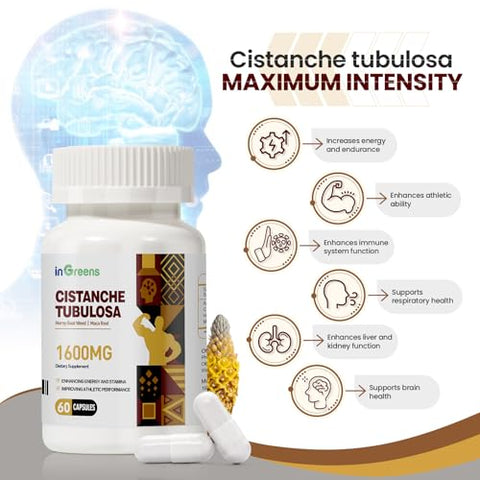 inGreens - Cistanche Tubulosa 1600MG: Energizante com Extrato de Horny Goat Weed e Maca, Força e Equilíbrio Hormonal para Homens