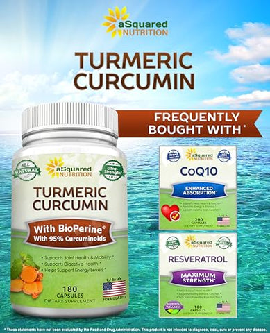Cúrcuma Curcumina 1600mg com Extrato de Pimenta Preta BioPerine – 180 Cápsulas com 95%% Curcuminoides, 100%% Pó de Raiz de Cúrcuma Natural, Suplementos Naturais para Articulações - aSquared Nutrition