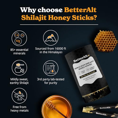 Better Alt - Melhor Alt Puro Himalaia Shilajit Sticks com Mel Orgânico e Açafrão | Fácil Consumo Shilajit | 30 Sticks para Energia Extra