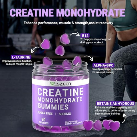 Wiszeen - Gomas de Creatina Monohidratada 5000mg para Homens e Mulheres, Gomas de Creatina Monohidratada Sem Açúcar com L-Taurina, Betaína Anidra, Alpha GPC, Vitamina B12