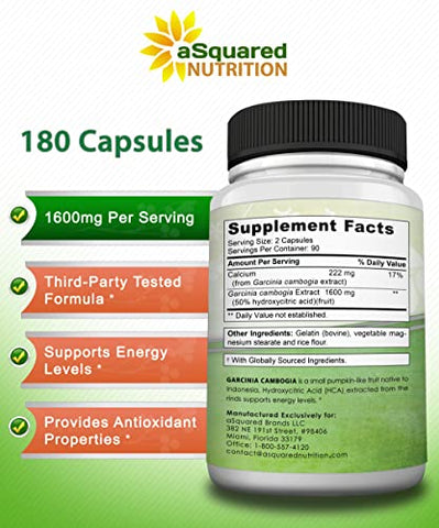 Garcinia Cambogia 1600mg-180 Cápsulas – Extrato Puro Natural para Saúde Cerebral – HCA Ultra Padronizado - aSquared Nutrition