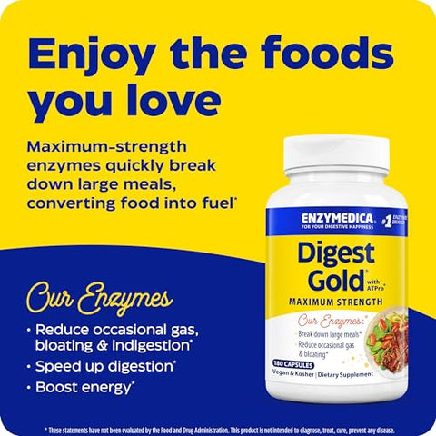 Digest Gold ATPro – Enzimas Digestivas de Máxima Potência para Alívio Instantâneo do Inchaço, 180 Cápsulas - Enzymedica