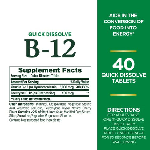 Nature's Bounty - Nature’s Bounty Vitamina B12, Suplemento de Vitamina de Dissolução Rápida, Suporta o Metabolismo Energético e a Saúde do Sistema Nervoso, 5000mcg, 40 Comprimidos