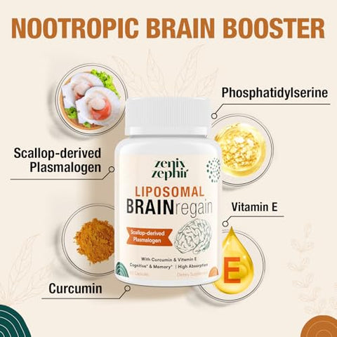 ZenixZephir - Suplemento Cerebral Lipossomal para Memória e Concentração – Plasmalogen com Curcumina | 60 cápsulas de 500mg