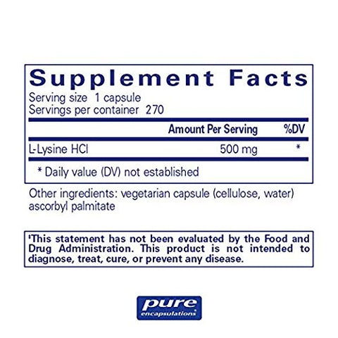 L-Lysine 270c – Aminoácido Essencial para Saúde e Bem-Estar | 270 Cápsulas | Marca Pure Encapsulations - Pure Encapsulations