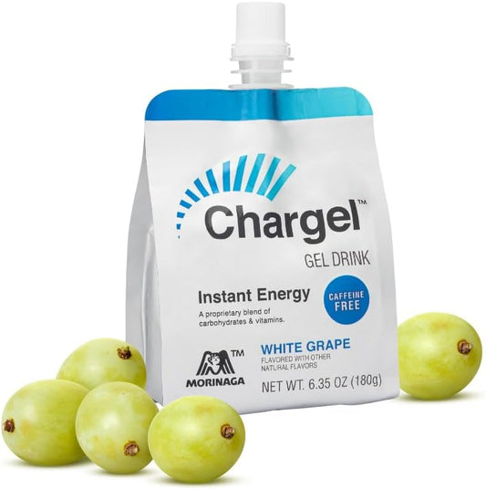 Chargel - Gel Energético Instantâneo de Uva Branca, Sem Cafeína, para Corrida, Ciclismo, Treino, Caminhada e Resistência | Carboidratos Vitaminas | Sem Glúten – Pacote com 6 Sachês – 180g Cada