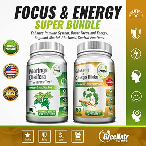GreeNatr - Ginkgo Biloba, Panax Ginseng e Moringa – Kit de Cápsulas para Suporte Imunológico e Energia – Concentração e Foco