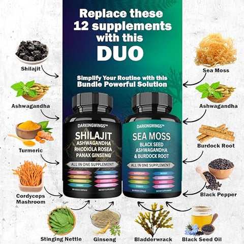 Darkingwings - Combo Shilajit e sea moss – Sea Moss 3000mg, Black Seed Oil 2000mg, Ashwagandha 2000mg, Shilajit 9000mg, Rhodiola Rosea 1000mg, Panax Ginseng 1500mg | sea moss e shilajit