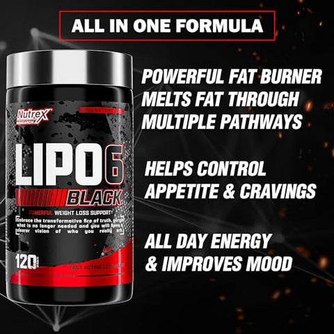 Nutrex Research - Nutrex Lipo-6 Black Max – Queimador de Gordura de Alta Potência – Energia Rápida, Cápsulas para Perda de Peso – Supressor de Apetite, Acelerador de Metabolismo – 120 Cápsulas