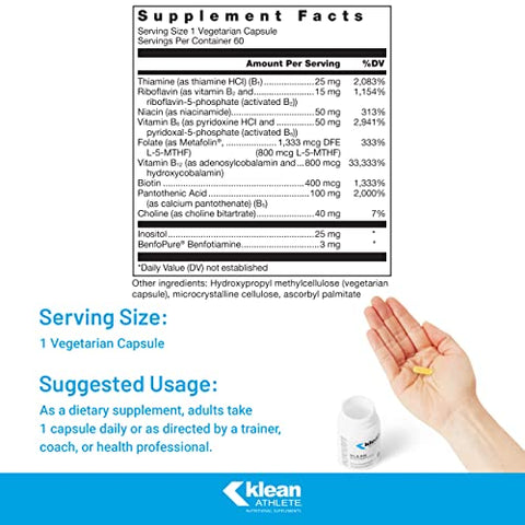 B-Complex | Suporte para Produção de Energia, Função Cardiovascular e Funções Celulares Normais | Certificado NSF para Esportes | 60 Cápsulas Vegetarianas - Klean ATHLETE