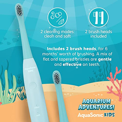 Escova de Dentes Elétrica Aquasonic Kids Sonic para Crianças de 3 Anos | 2 Cabeças de Escova, Brinquedo, Temporizador, Copo de Enxágue | 2 Modos de Escovação: Limpeza