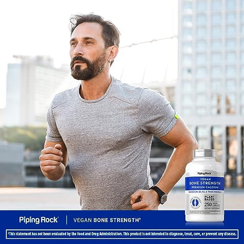 Suplemento para Fortalecimento Ósseo com Cálcio, Magnésio, Vitamina D3, K2 e Zinco | 250 Cápsulas | Vegano, Não-OGM, Sem Glúten - Piping Rock