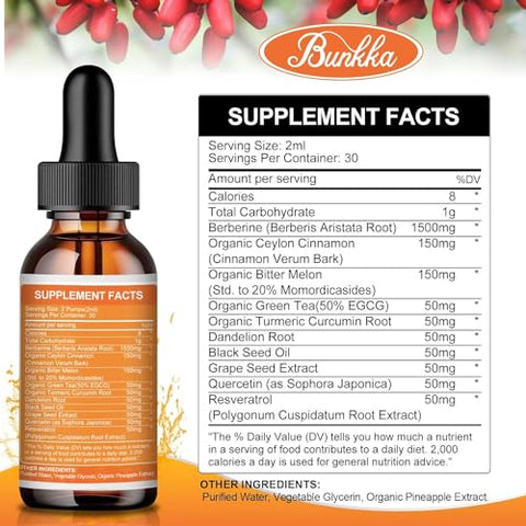 Bunkka - (2 Pacotes) Suplemento de Berberina, 1500mg Gotas Líquidas Orgânicas de Berberina com Canela do Ceilão, Melão Amargo, Sem Açúcar