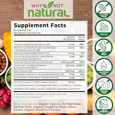 Why Not Natural - Vitaminas B Líquidas Naturais – Complexo Orgânico para Mulheres – Vegano e Sublingual – B1 B2 B3 B5 B6 Biotina Folato e Colina – Fórmula Anti-Stress – 30ml
