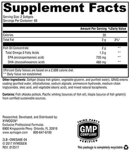 OmegaPure 600 EC – Óleo de Peixe Certificado pela International Fish Oil Standards (IFOS) – Ômega-3 DHA EPA para Suporte Cardiovascular e Cognitivo (120 Softgels) - XYMOGEN