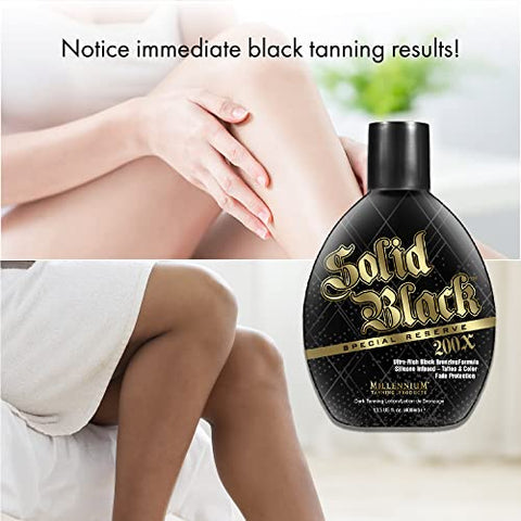 Millennium Tanning Products - Bronzeador Millennium Tanning Solid Black Special Reserve 200X, Loção Bronzeadora c/ Protetor de Tatuagem, 400ml