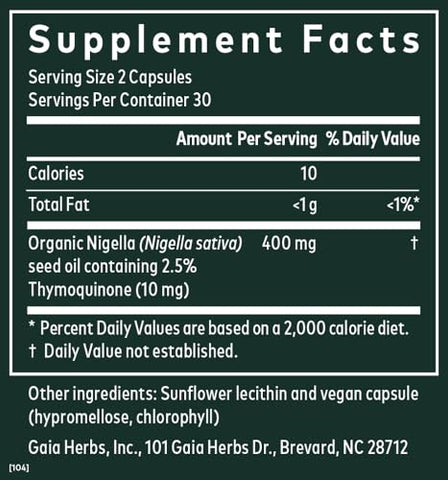 Óleo de Semente Preta Gaia Herbs – Cápsulas prensadas a frio para suporte pulmonar, respiratório e antioxidante – com Óleo de Semente de Nigella Orgânico – Suplemento Herbal – 60 cápsulas veganas líquidas