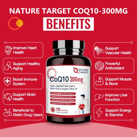 CoQ10-300mg-Softgels PQQ com Azeite Orgânico – Alta Absorção de Coenzima-Q10 – Antioxidante para Saúde do Coração e Suporte Imunológico, Produção de Energia, 120 Porções - NATURE TARGET