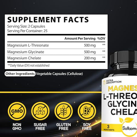 1200mg Magnésio L-Treonato com Glicinato de Magnésio – 2 Pacotes de 50 Cápsulas - Satoomi