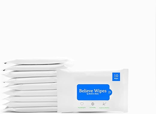 Baby Wipes – Lenços umedecidos de bambu premium, hipoalergênicos, livres de produtos químicos, sem fragrância, tamanho viagem – 10 unidades x 10 pacotes (100 unidades) - Believe