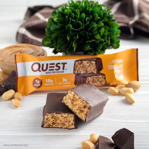 Barra de Proteína Quest Nutrition Crispy Chocolate Peanut Butter Hero, 18g Proteína, 1g Açúcar, 3g Carboidrato Líquido, Snack Proteico Sem Glúten, Amigo da Dieta Keto, 12 Unidades