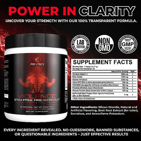 Revolution Science - VIOLENCE Pré-treino em Pó Sem Estimulantes por REVSCI, Fórmula de Pré-treino sem Cafeína, Suplemento para Bomba Muscular
