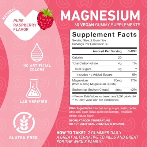 PUREFINITY - Magnésio Citrato Gomas 600 mg para Adultos – Suplemento de Alta Absorção para Cãibras, Recuperação Muscular, Sono, Suporte Ósseo e Energético – Livre de OGM, Sem Alergênicos – 60 Gomas Veganas