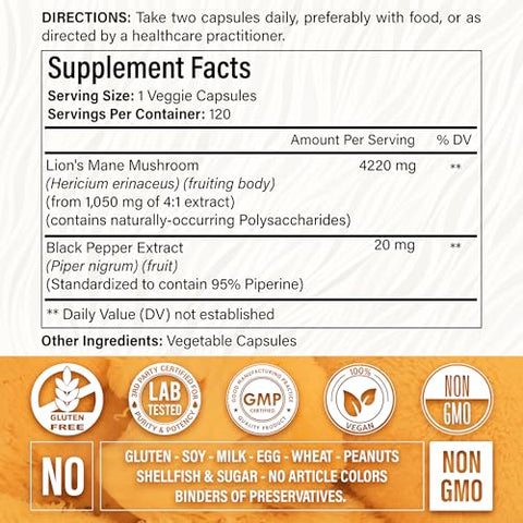 FITVITALITY - Cápsulas de Extrato de Cogumelo do Leão Premium 120, 4220mg por Porção, Suprimento de 60 Dias – 100% de Cogumelo do Leão Natural, Cápsulas Veganas, Livre de OGM e Glúten
