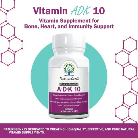 NatureGenX - Suplemento ADK 10 – Vitaminas A, D3 e K2 – Potente Vitamina D3 de 10000 UI com Vitaminas A e K2 para Saúde Óssea, Cardíaca e Imunológica – 90 Cápsulas Fáceis de Engolir (Fornecimento de 3 Meses)