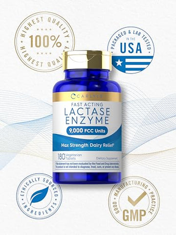 Enzima Lactase Rápida | 9000 FCC | 180 Comprimidos | Alívio Lácteo | Suporte Máximo | Sem OGM, Sem Glúten | 180g - Carlyle