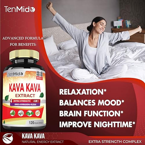 Tenmido - Kava Kava Extrato Cápsulas 6550mg, 4 Meses de Fornecimento com Ginkgo, Ashwagandha, Valeriana – Suporte para Relaxamento – 120 Cápsulas Veganas
