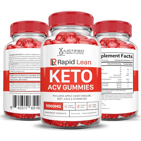 Justified Laboratories - (2 Pacotes) Gomas Rapid Lean Keto ACV Fórmula Avançada 1000MG Rapid Lean Keto Gomas Vinagre de Maçã Formulado com Romã e Beterraba em Pó B12 Vegano Não GMO 120 Gomas