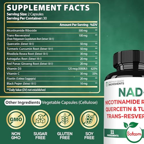 Satoomi - NAD Suplemento com Nicotinamida Ribosídeo Lipossomal 900mg NR, Resveratrol, Quercetina, Cúrcuma, Astragalus, Ginseng, Vitamina D3, Vitamina C – Energia Celular, Reparo e Envelhecimento