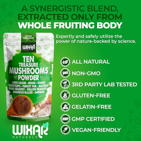 WIXAR NATURALS - Wixar Pó de Cogumelo – Mistura de Extrato de Dez Tesouros de Cogumelos para Café
