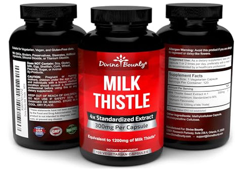 Cápsulas de Cardo Mariano Puro 1200mg – Extrato Concentrado 4X (Padronizado) – 120 Cápsulas Vegetarianas - Divine Bounty