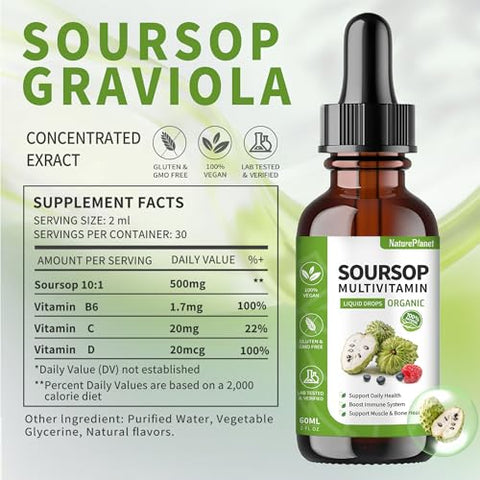 NaturePlanet - Soursop Multivitamin Liquid Drops – Extrato de Folha de Graviola Orgânico, Óleo de Graviola, Vitaminas, Fibras Alimentares, 60ml, 2 Fl Oz