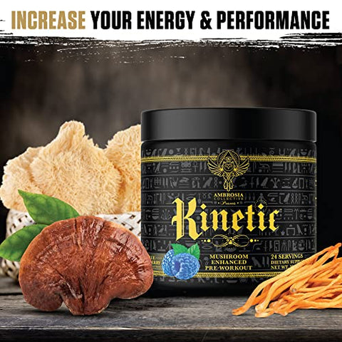 Kinetic: Pré-treino Orgânico Energético com Cogumelos, Pó Superfood Nootrópico para Energia (Sabor Framboesa Azul) - Ambrosia