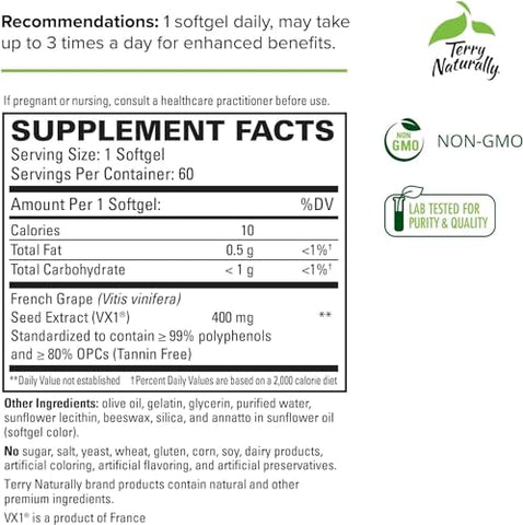 Clinical OPC Extra Strength – 60 Softgels – Suplemento de Extrato de Semente de Uva Francesa – Sem OGM, Sem Glúten – 60 Porções - Terry Naturally