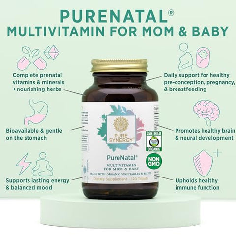 PureNatal Vitaminas Pré-natais | Suplemento Vegano Feito com Alimentos Orgânicos Integrais | com Ferro Natural, Ácido Fólico e Colina | para Pré-concepção, Gravidez e - PURE SYNERGY