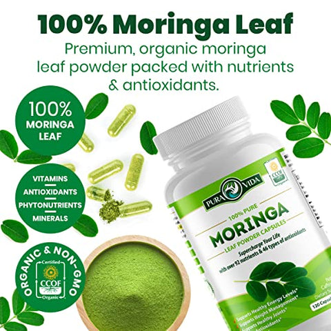 PURA VIDA MORINGA - PURA VIDA Moringa Cápsulas em Pó Orgânico de Origem Única. Folha de Moringa. Energia, Metabolismo