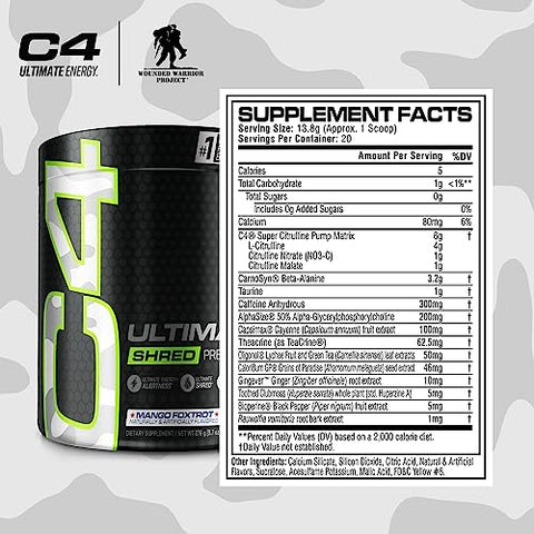 C4 Ultimate Shred x Wounded Warrior Project – Pré-treino em pó queima gordura para homens – 30 doses, 200g - Cellucor
